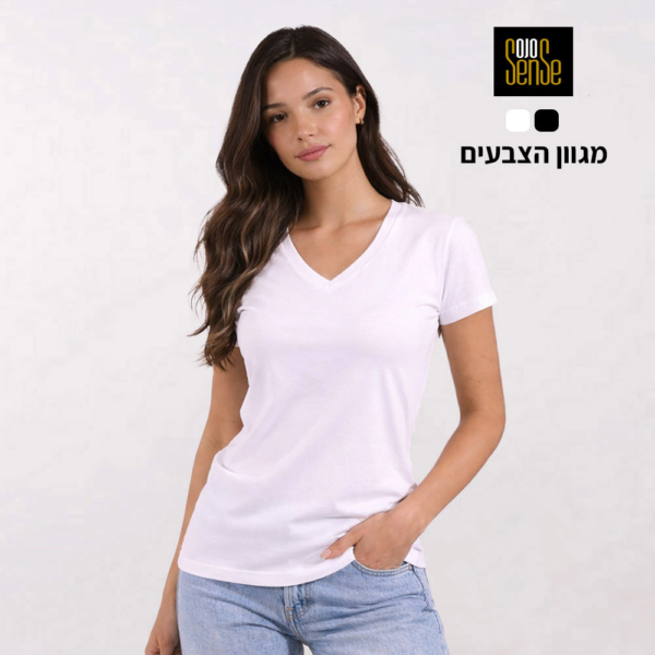 חולצת כותנה בגזרת נשים וי איכותית Sense [הדפסה על שני צדדים]