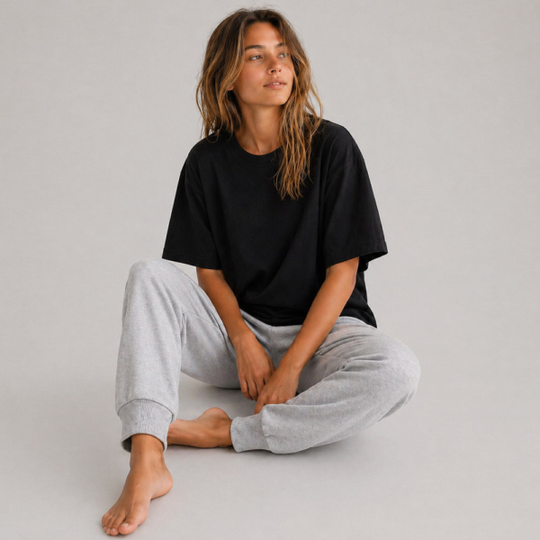 הדפסה על פיג׳מה חולצת אוברסייז ומכנס טרנינג בהתאמה אישית