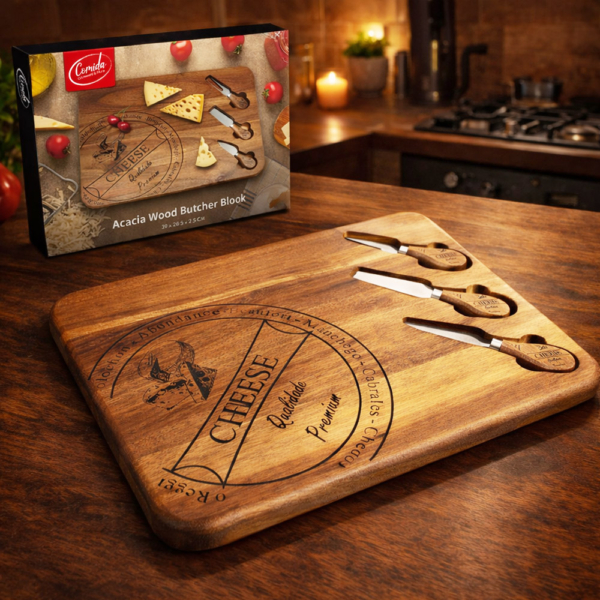 סט לוח עץ מהודר לחיתוך גבינות משולב עם 3 סכיני גבינה [Comida]