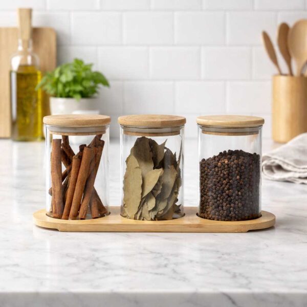 סט 3 צנצנות אחסון עם מגש במבו + חריטה אישית