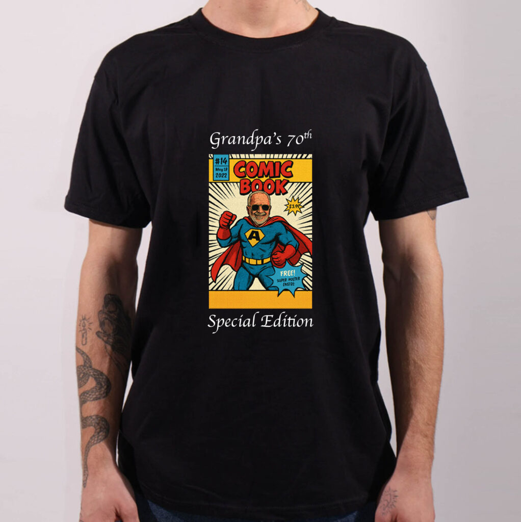 comic book cover with a super hero on a black t shirt