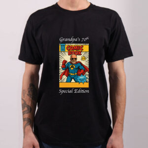 comic book cover with a super hero on a black t shirt